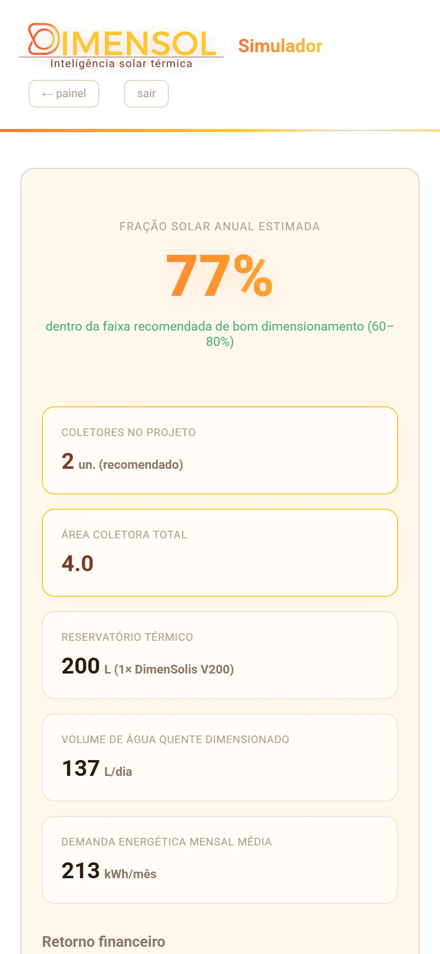Tela de resultado do SAS no celular: fração solar de 77%, coletores e reservatório recomendados