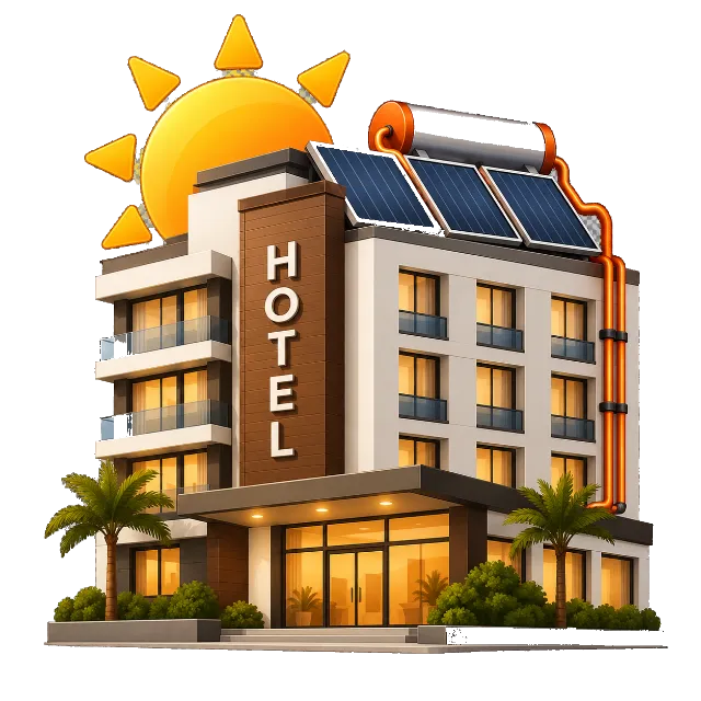 Ilustração do SAS: hotel com coletores solares e reservatório no telhado